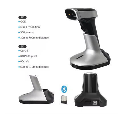 Scanner de códigos de barras Bluetooth sem fio para dispositivos móveis 2D QR Code Reader com suporte de carregamento