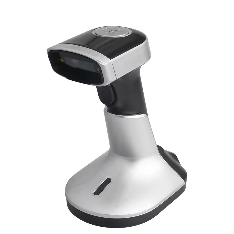 Escaneador de códigos de barras portátil Código Qr 1D com suporte de carregamento USB Leitor de códigos de barras Bluetooth sem fio